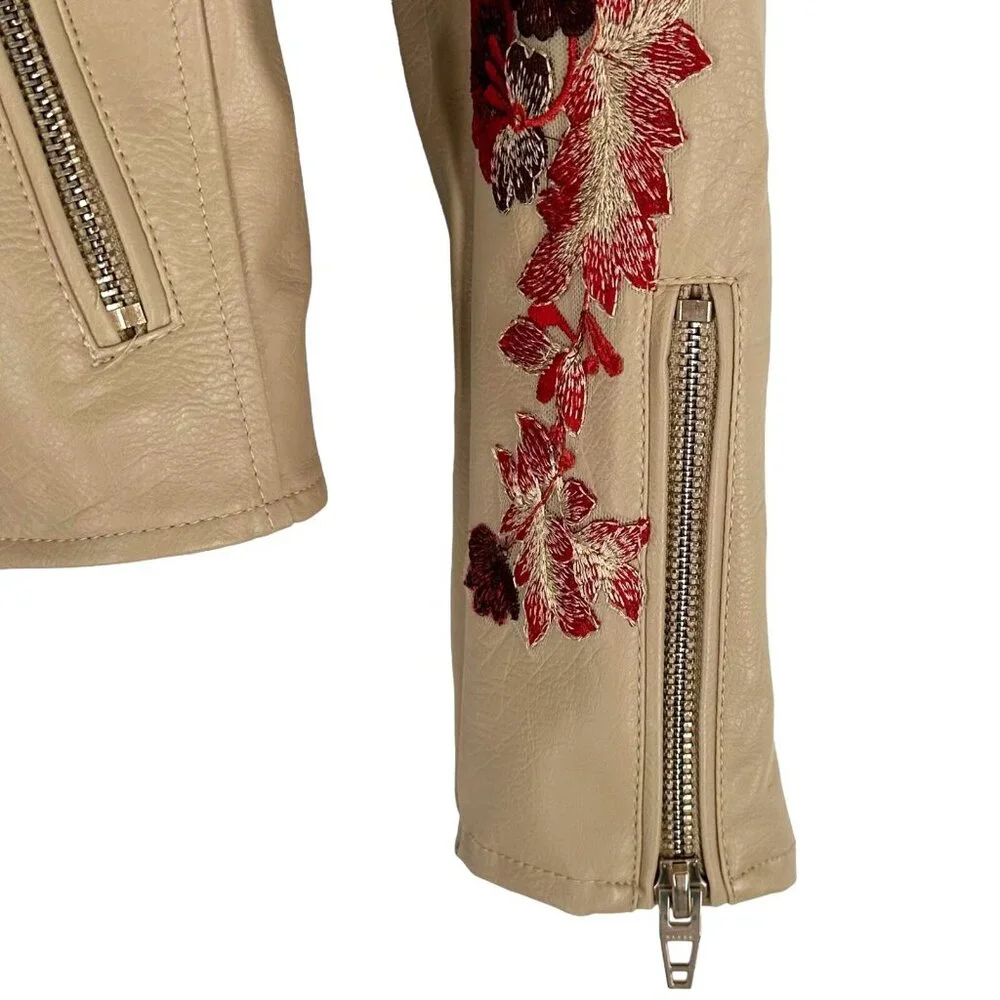 NWT Blank NYC Tan Floral Embroidered Vegan Leather Moto Jacket Size XS Biker - Picture 9 of 10